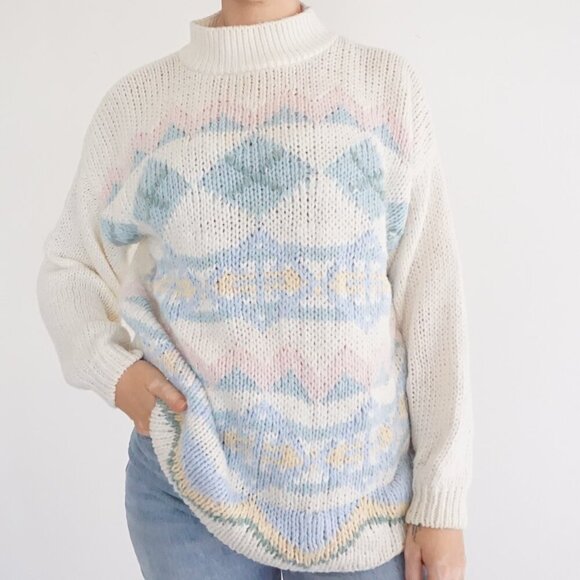 Vintage Shenanigans Knitted By Hand Cream Blue Knit Grandmacore Sweater XL - Picture 1 of 12